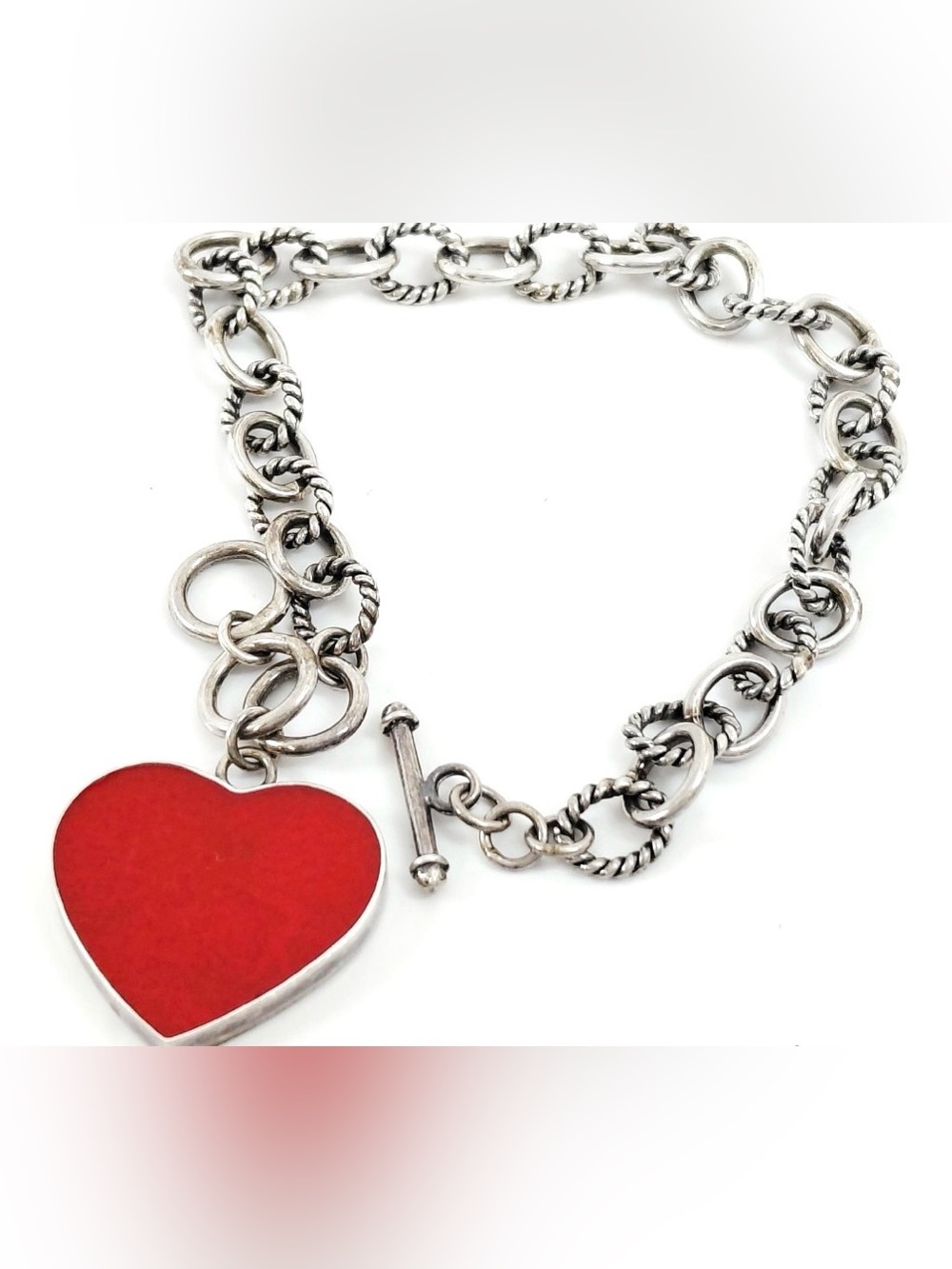 RARE! Samuel Benham 925 Silver Coral Red Heart Link Chain Toggle Bracelet 8”